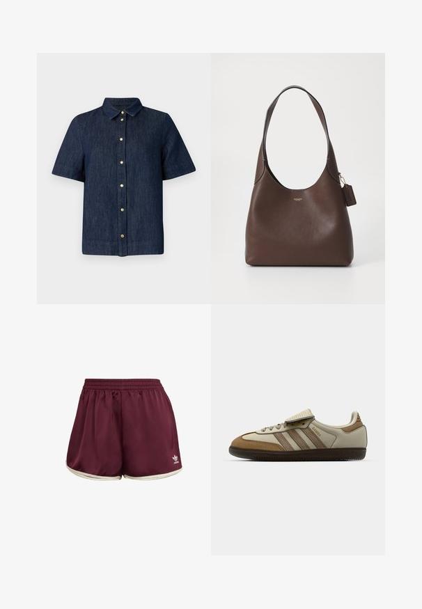 Donkerblauwe spijkerblouse met korte mouwen, een kraag en gouden knopen aan de voorkant. Houten textuur en een getailleerde pasvorm.; adidas Originals SPRINTER - Shorts - maroon cream white; Bruine en crèmekleurige sportschoen met drie beige strepen, gemaakt van suede en leer, vetersluiting ontwerp en rubberen zool. Tekstlogo aan de zijkant.; COACH BROOKLYN SHOULDER BAG - Handtas - brown