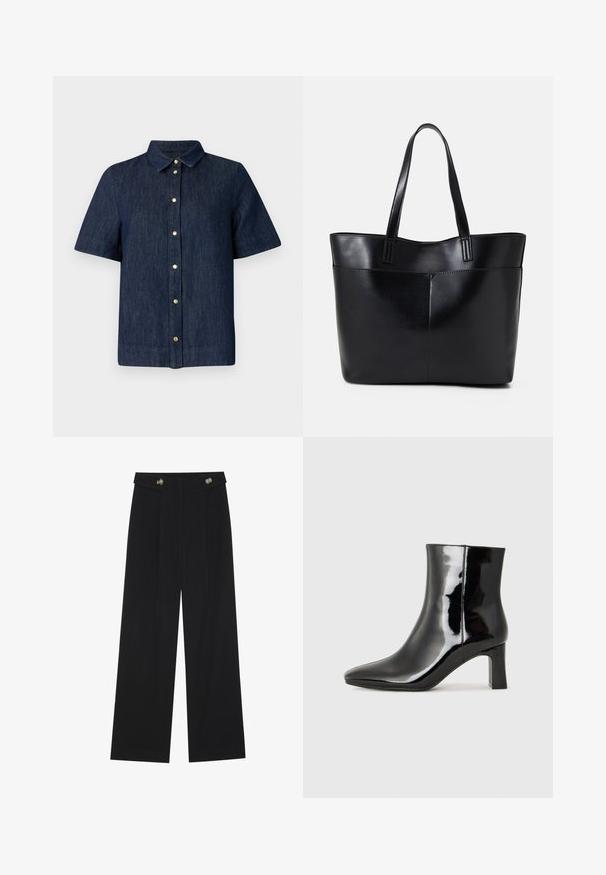 Kratki rukavi traper košulja tamnoplave boje s ovratnikom i zlatnim gumbima sprijeda. Glatka tekstura i prilagođeni kroj.; Crne hlače širokih nogavica s visokim strukom, s dugmadi na pojasu i prednjim nabora.; Crne lakirane kožne gležnjače s šiljastim prstom i srednje visokom blok petom. Glatka tekstura i minimalistički dizajn.; Crna kožna torba s dugim ručkama, glatkom teksturom i strukturiranim oblikom. Ima prednju džep za dodatno pohranu.