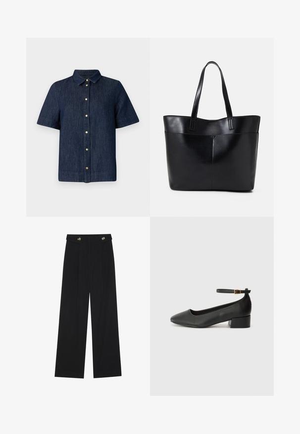 Short-sleeve denim shirt in dark blue with a collared neckline and gold buttons down the front. Smooth texture and tailored fit.; Black wide-leg trousers with high waist, button details on waistband, and front pleats.; Black leather pump with a pointed toe and a low block heel. Features an ankle strap with a gold-tone buckle. Smooth texture.; Black leather tote bag with two long handles, a smooth texture, and a structured shape. Features a front pocket for additional storage.