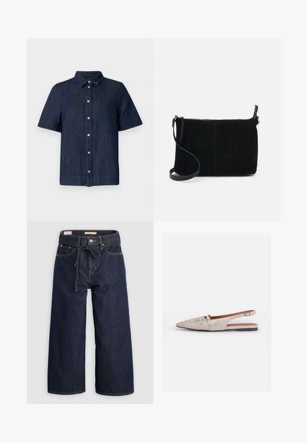Donkerblauwe spijkerblouse met korte mouwen, een kraag en gouden knopen aan de voorkant. Houten textuur en een getailleerde pasvorm.; Donkerblauwe wijde denim jeans met een trekkoord in de taille, voorzakken en contrasterende oranje stikdetails.; Lichtbeige slingback schoen met een spitse neus, een zachte suède textuur, voorzien van twee decoratieve gespen en een lage, platte hak.; Zwarte suède schoudertas met een ritssluiting, plat rechthoekig ontwerp en een afneembare strap voor veelzijdigheid. Gladde textuur, minimalistische stijl.