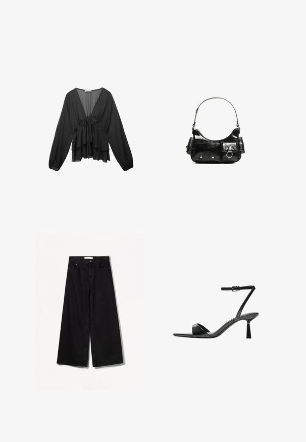 Schwarze Bluse mit langen Ärmeln aus leichtem Stoff, mit V-Ausschnitt, gerafftem Bund und geschichteten Rüschen am Saum.; Bershka WIDE-LEG - Wide Leg - black; Bershka High Heel Sandalette - black; Schwarze Lackleder-Handtasche mit geschwungenem Design, einem Schulterriemen, Vordertaschen und silberfarbenen Hardware-Akzenten.