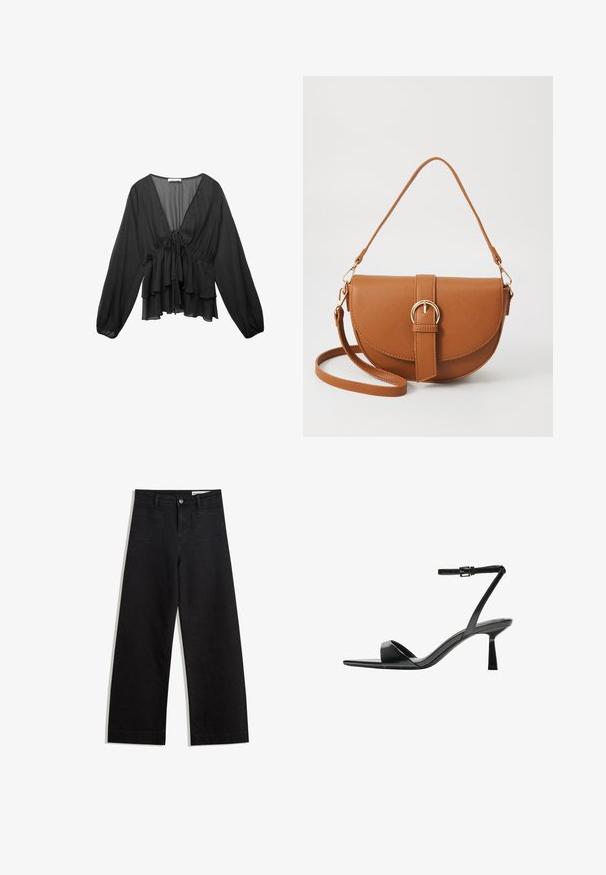 Blouse noire à manches longues en tissu léger, dotée d'un col en V, d'une taille froncée et de volants superposés au bas.; Pantalon en denim noir à jambes larges avec une taille haute, comprenant des poches avant et arrière, des coutures piquées et une fermeture à bouton. Texture lisse.; Bershka Sandales à talons hauts - black; Sac bandoulière en cuir marron avec une forme incurvée, quincaillerie dorée et un accent en boucle. Comprend une bandoulière détachable.