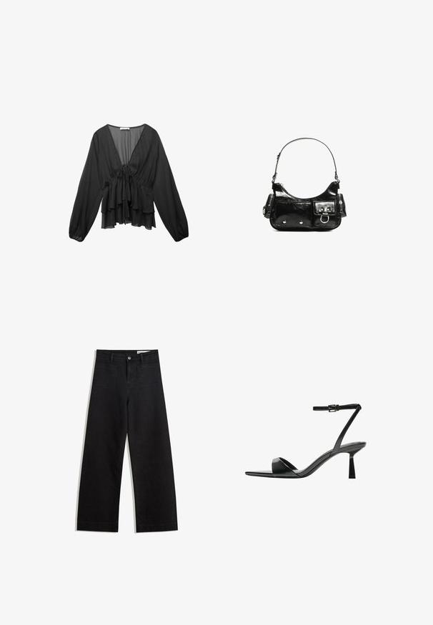 Czarna, długorękawowa bluzka z lekkiego materiału, z dekoltem w kształcie litery V, marszczoną talią i podwójnymi falbanami na końcu.; Czarne dżinsowe spodnie o szerokich nogawkach i wysokim stanie, z przednimi i tylnymi kieszeniami, przeszyciami oraz zapięciem na guziki. Gładka struktura.; Bershka - Sandały na obcasie; Czarna torebka z lakierowanej skóry o zaokrąglonym kształcie, z jednym paskiem na ramię, przednimi kieszeniami i akcentami w kolorze srebrnym.