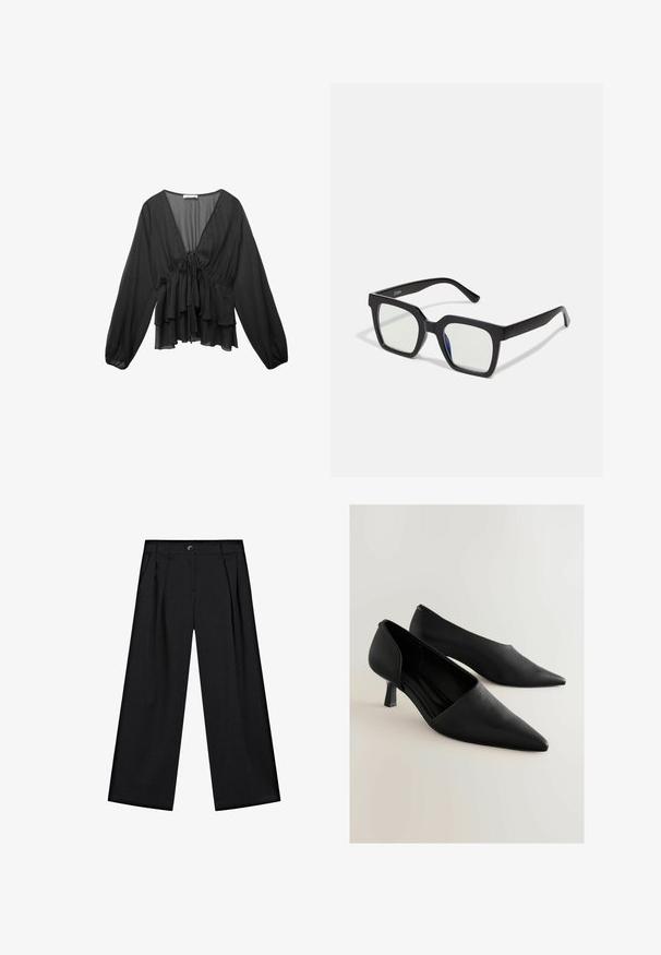 Blouse noire à manches longues en tissu léger, dotée d'un col en V, d'une taille froncée et de volants superposés au bas.; Pantalons noirs à jambes larges en tissu lisse, dotés de plis à l'avant, de poches latérales et d'une fermeture à bouton à la taille.; Chaussures noires en cuir à talons hauts avec un bout pointu, présentant un design minimaliste et un petit talon carré. Texture lisse et silhouette épurée.; Lunettes de soleil noires en forme carrée avec une finition mate, dotées de verres transparents et d'une légère teinte bleue sur un côté. Design robuste et angulaire.