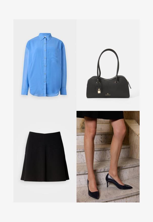 Blå skjorte med knapper, krave, lange ærmer og en enkelt brystlomme. Lavet af glat stof med en let glans.; Sort flagrende nederdel lavet af blødt stof, med en tætsiddende talje og sømdetaljer. Glat tekstur med et enkelt, klassisk design.; Mørkeblå højhælede sko med spids tå, der har en glat og tekstureret finish, som ligner krokodilleskind.; Sort håndtaske lavet af tekstureret syntetisk materiale med et buet design, guldfarvet hardware, to håndtag og en aftagelig låseaccent.
