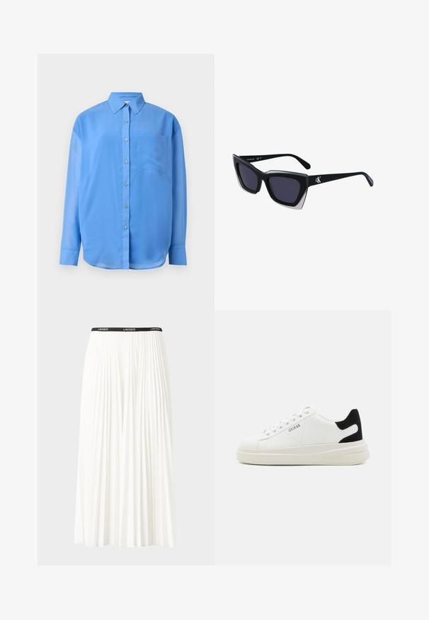 Sininen nappikauluspaita, jossa on pitkät hihat ja yksi rintatasku. Valmistettu sileästä kankaasta, jossa on hieman kiiltoa.; Hame valkoinen pliseerattu hame mustalla joustavalla vyötäröhihnalla, jossa on "LACOSTE"-logo. Puolipitkä malli pehmeällä tekstuurilla.; Valkoiset nahkakengät paksulla valkoisella pohjalla, mustalla mokkanahkaosuudella kannassa ja kohokuvioitu logo sivulla. Nauhakeskitys kuudella reiällä.; Mustat ylisuuret aurinkolasit, joissa on geometrinen muoto, tummat linssit ja kehykseen erottuva harmaa yksityiskohta. Logo varressa.