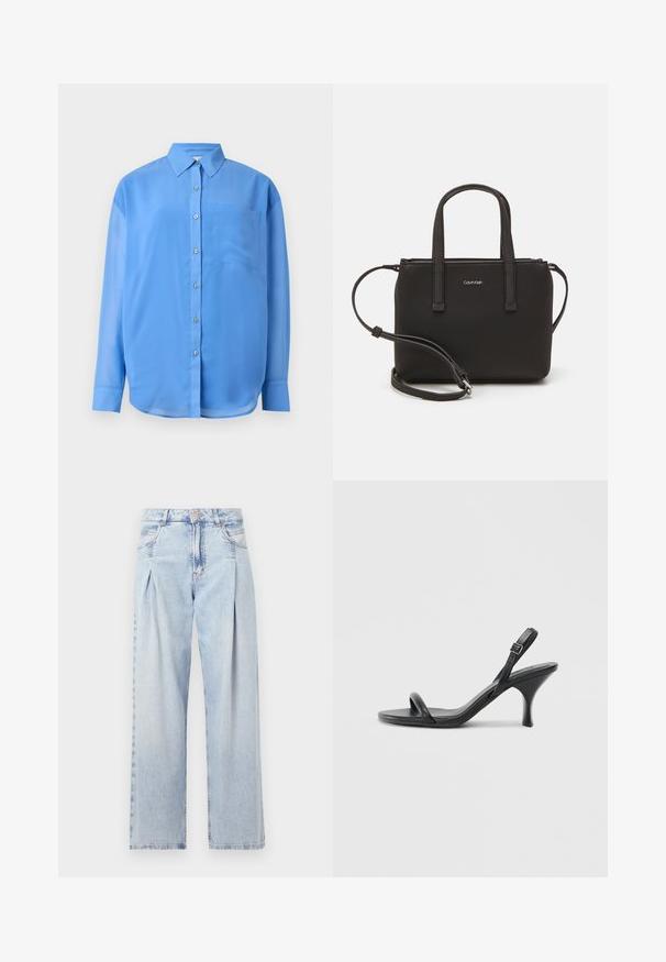 Blå skjorte med knapper, krave, lange ærmer og en enkelt brystlomme. Lavet af glat stof med en let glans.; Lyseblå denim jeans med høj talje, bred benåbning, to sidelommer og plisseret design. Blød tekstur med et falmet finish.; Sorte læder højhælede sandaler med en slank, buet hæl og et krydset stropdesign. Justerbar ankelrem. Glat tekstur.; Sort håndtaske med to korte håndtag og en aftagelig skulderrem. Glat læderagtigt materiale med lynlåslukning og logo detaljer.