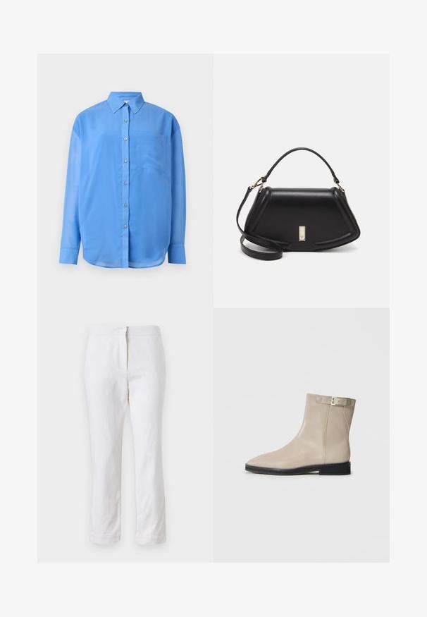Camicia azzurra con colletto, maniche lunghe e una tasca sul petto. Realizzata in tessuto morbido con una leggera lucentezza.; Pantaloni bianchi in cotone con design a gamba dritta, caratterizzati da una vita a media altezza e senza hardware o motivi visibili. Tessuto liscio su tutta la superficie.; Stivale ankle in pelle beige con punta allungata, suola nera, tacco basso e cinturino con fibbia dorata sul lato esterno, mostrato su sfondo bianco.; Borsa a mano in pelle nera con un design strutturato, caratterizzata da una forma corta, manico superiore e accessori in metallo dorato. Inclusa tracolla regolabile.