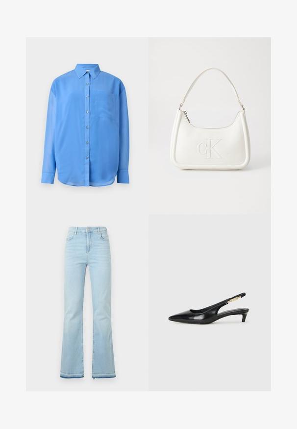 Mėlyna mygtukų marškinė su apykakle, ilgomis rankovėmis ir viena krūtine kišenė. Pagaminta iš lygaus audinio su švelniu blizgesiu.; Šviesiai mėlyni, platėjantys džinsai pagaminti iš denimo, su aukštu juosmeniu, priekinėmis kišenėmis ir nelygiais apačiais, suteikiančiais kasdišką išvaizdą.; Juodas odinis pavasario batelių modelis su smailiu nosiu, turintis siaurą kulniuką ir auksinės spalvos akcentu reguliuojamoje juostoje. Lygi tekstūra.; Balta odinė rankinė su išlenkta forma, su reljefiniu "CK" logotipu priekyje ir viena petneša. Užtrauktuko uždarymas viršuje.