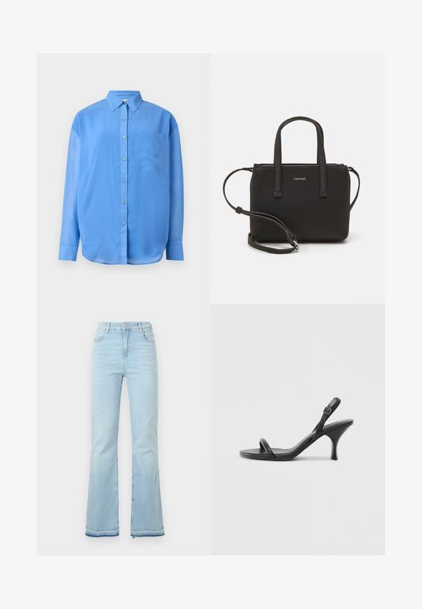 Blue button-up shirt with a collar, long sleeves, and a single chest pocket. Made of smooth fabric with a slight sheen.; Light blue flared jeans made of denim, featuring a high waist, front pockets, and a raw hem at the cuffs for a casual look.; Black leather high-heeled sandals with a slim, curved heel and a crossed strap design. Adjustable ankle strap. Smooth texture.; Black handbag with dual short handles and a removable shoulder strap. Smooth leather-like material with a zip closure and logo detail.