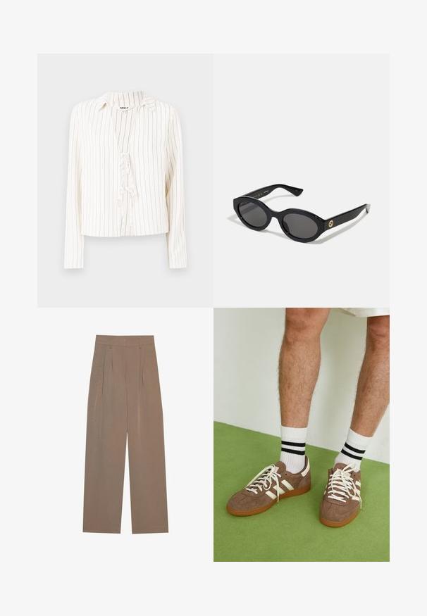 Camisa branca de manga longa com riscas verticais pretas, gola tipo colarinho e detalhe de gravata à frente. Tecido suave com um corte descontraído.; Calças castanhas plissadas com um design de perna larga, apresentando uma cintura plana e bolsos laterais, feitas de um tecido leve.; Sapatilhas de camurça castanha com detalhes e atacadores brancos. Sola de borracha color de caramelo. Usadas com meias brancas com riscas pretas. Piso texturizado verde.; Óculos de sol ovais pretos com lentes escuras e armação de plástico brilhante. Apresenta um logotipo dourado na haste, oferecendo um design elegante e moderno.