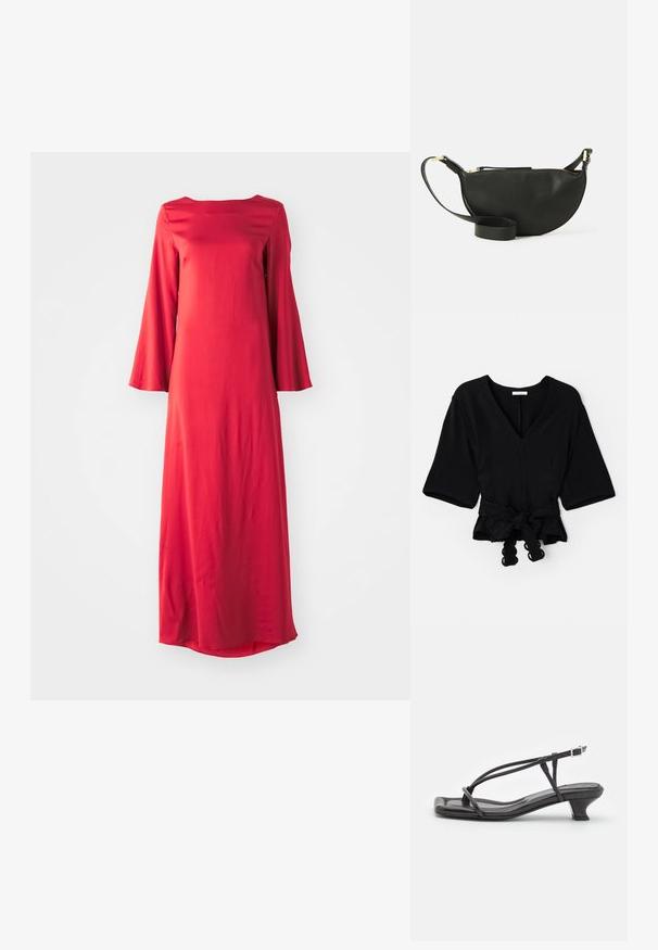 Sort indpakningsbluse med V-hals, korte ærmer og en knyttet bånd i taljen. Har tekstureret stof og bølget kant på båndet.; Lang rød kjole i letvægtsstof, med bateau udskæring og brede klokkeærmer. Glat tekstur med en lige silhuet.; Sort lædersandal med tynde stropper, lav blokhæl og firkantet tå. Har en spænde lukning og glat tekstur.; Sort læder crossover taske med halvmåneform, tekstureret overflade, guld lynlås og en flad rem. Kompakt design, der er velegnet til det mest nødvendige.