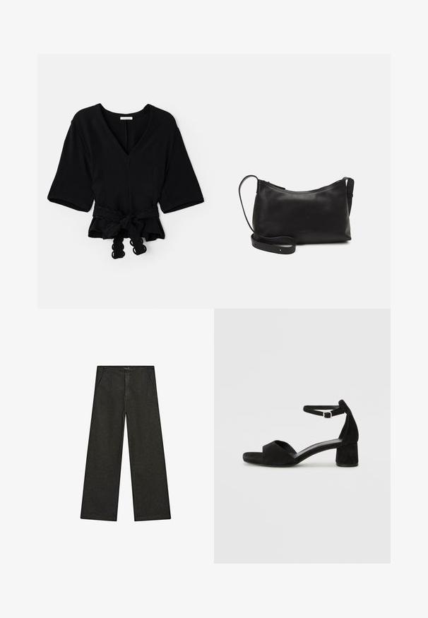 Černý top s uvázáním a výstřihem do V, krátkými rukávy a uzlíkem v pase. Mátexturovanou tkaninu a vlnitý lem na úvazu.; Široké černé džíny s středním pasem, dvěma předními kapsami a čistým, minimalistickým designem bez viditelných ozdob.; Černé sametové sandály na podpatku s tenkým řemínkem kolem kotníku, otevřenou špičkou a skromným blokovým podpatkem. Hladká textura a minimální akcenty.; Černá kožená taška přes rameno s hladkým povrchem, zakřiveným tvarem, nastavitelným popruhem a zipovým uzávěrem. Minimalistický design bez zdobení.