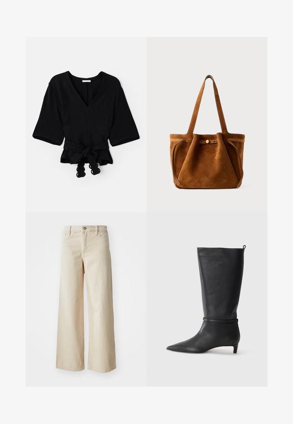 Top nero avvolgente con scollatura a V, maniche corte e un nodo in vita. Presenta un tessuto testurizzato e un bordo ondulato sul nodo.; Jeans beige a gamba larga in denim, con vita alta, chiusura con bottone, passanti per cintura e tasche laterali. Tessuto morbido e vestibilità comoda.; Stivale in pelle nera alta fino al ginocchio con punta affusolata, adornato da una fascia circolare attorno alla caviglia e un tacco basso e conico. Texture liscia.; Borsa a tracolla in suede marrone con doppio manico, chiusura a bottone e una forma rilassata, leggermente morbida.