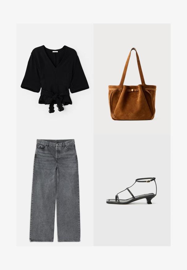 Schwarzes Wickeltop mit V-Ausschnitt, kurzen Ärmeln und einer geknoteten Schleife in der Taille. Hat einen strukturierten Stoff und gewellte Säume an der Schleife.; Weite Jeans in dunkelgrauem Denim. Verfügt über eine hohe Taille, ein Fünf-Taschen-Design und einen Frontknopfverschluss. Glatte Textur mit subtilen Auswaschungen.; Schwarze Ledersandale mit quadratischer Zehenpartie, dünnen Riemen, verstellbarem Knöchelriemen und einem niedrigen Absatz. Mit einem kleinen goldenen Akzent am Riemen.; Braune Wildleder-Umhängetasche mit zwei Griffen, einem Knopfverschlussriemen und einer entspannten, leicht schlaffen Form.