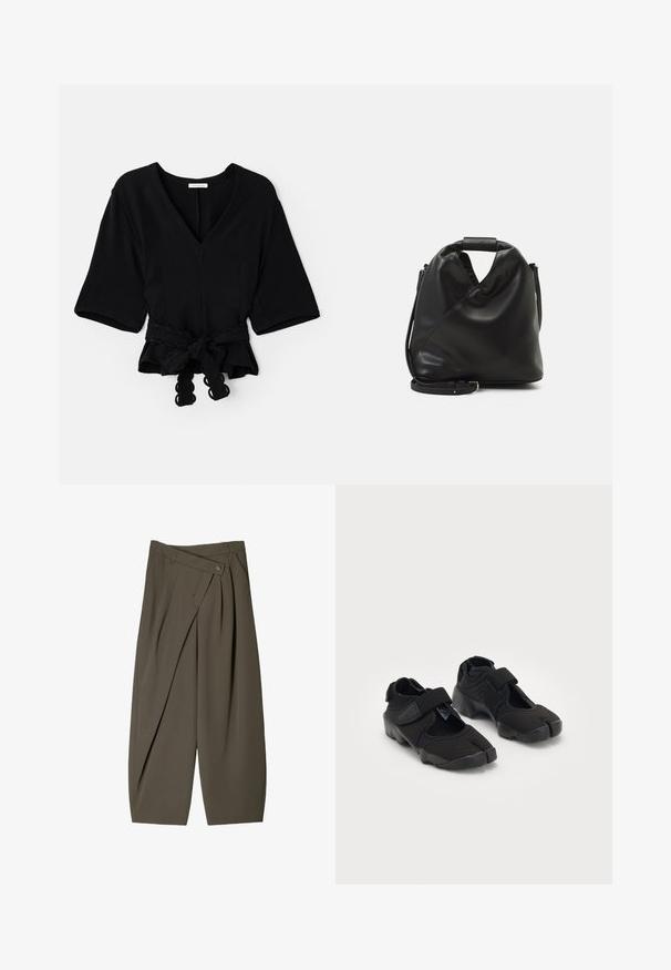 Schwarzes Wickeltop mit V-Ausschnitt, kurzen Ärmeln und einer geknoteten Schleife in der Taille. Hat einen strukturierten Stoff und gewellte Säume an der Schleife.; Weite Hose aus dunkelolivgrünem Stoff mit einem gefältelten Vorderdesign, einem Knopfverschluss und einer glänzenden, strukturierten Oberfläche.; Schwarze Wasserschuhe aus flexiblem Stoff mit einem Klettverschluss, ausgestattet mit einem einzigartigen Zehentrenndesign und einer strukturierten Gummisohle für besseren Halt.; Schwarze, weiche Ledertasche mit einem einzigartigen verdrehten Design. Hat einen kurzen Griff und einen abnehmbaren Schultergurt. Minimalistischer Stil.; Silberne Casio Quarzuhr mit rechteckigem Ziffernblatt, analogem und digitalem Display, Edelstahlarmband und wasserdichten Eigenschaften.