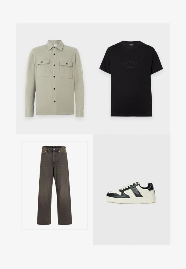 Camisa jaqueta de mangas longas em bege claro, com colarinho, botões de pressão pretos e dois bolsos frontais com aba, exibida contra um fundo branco.; T-shirt de algodão preto com mangas curtas e decote redondo. Apresenta "ORIGINALS Studio" em relevo na frente, com letras tonais.; Jeans de perna larga em denim cinza escuro, com cintura alta, design clássico de cinco bolsos e costura em contraste ao longo das costuras.; Ténis de couro com um esquema de cores em preto e creme, apresentando detalhes perfurados, um colarinho acolchoado e uma sola texturizada.