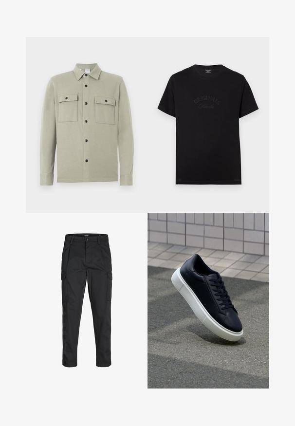 Gai bēšs garām piedurknēm krekls-jaka ar apkakli, melniem pogām un diviem priekšējiem kabatām ar atloku, attēlots uz balta fona.; Melnas kokvilnas T-krekls ar īsām piedurknēm un apaļu izgriezumu. Priekšpusē ir izceltas ar tonālām burtiem "ORIGINALS Studio".; Melnas kravas bikses, izgatavotas no izturīga auduma, ar vairākiem kabatām, pogu aizdari un šaura piegriezuma dizainu ar sašaurinātiem kāju apakšiem.; Melnas ādas kedas ar noapaļotu pirkstu un baltu gumijas zoli. Iespējas - plakanas šņorītes un minimāla apdare augšdaļā. Struktūrēta zole, lai nodrošinātu saķeri.