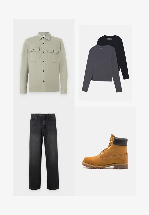 Gai bēšs garām piedurknēm krekls-jaka ar apkakli, melniem pogām un diviem priekšējiem kabatām ar atloku, attēlots uz balta fona.; YOURTURN 2 PACK UNISEX - Tops ar garām piedurknēm - dark grey/black; Tumši pelēki džinsi ar taisnu kāju dizainu, ar rāvējslēdzēja aizdari, piecām kabatām un smalkiem izbalējumu elementiem uz auduma.; Brūna zamša potīte ar melnu izšuvumu ap kaklu, zelta metāla acu caurumi, balta šuvju apdare un izturīgs gumijas zole ar izteiktu zīmējumu.