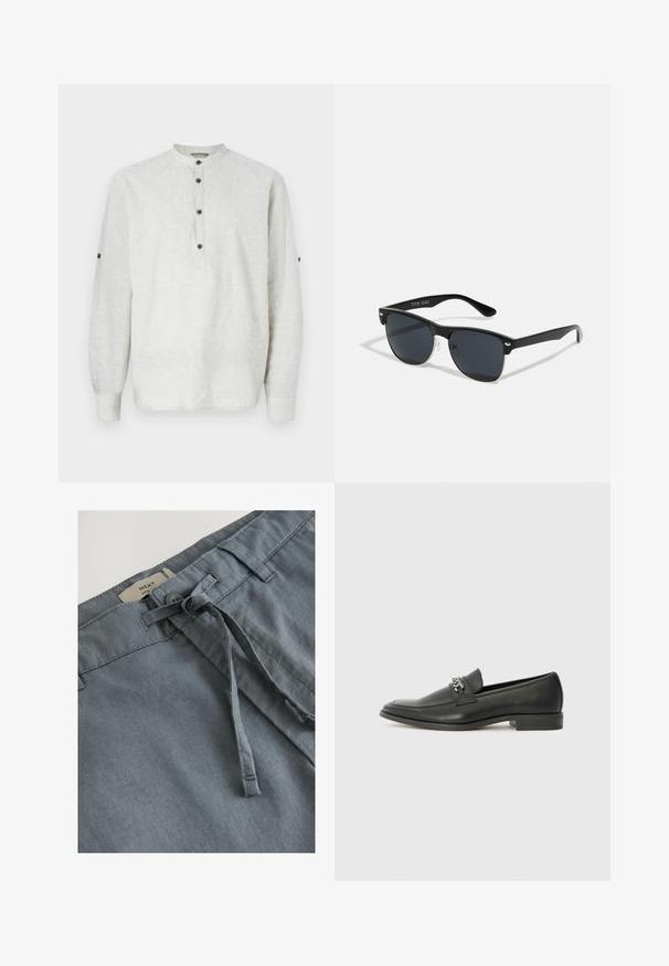 Cămașă lungă cu mânecă lungă, de culoare gri deschis, din in, având un guler ridicat, un sistem cu trei nasturi și accente cu nasturi pe mâneci.; Pantaloni scurți din țesătură gri, cu o textură moale, având un șnur legat și bucle pentru curea. Eticheta indică marca "NEXT" la talie.; Pantofii negri din piele cu un finisaj neted, având un design cusut și un accent decorativ de lanț metalic peste partea de sus. Toc plat.; Ochelari de soare negri cu o formă rectangulară, lentile întunecate, accente argintii la tâmple și un finisaj mat pe cadru.