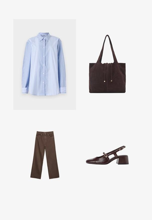 Dlhý rukáv s modro-bielym prúžkovaným tričkom vyrobeným z ľahkého materiálu, s klasickým golierom a zapínaním na gombíky po celej prednej strane.; Džínsy s širokými nohavicami v hnedej farbe, vyrobené z denimu, so zvýšeným pásom, prednými vreckami a klasickým zapínaním na gombík. Hladká textúra s jemným prešívaním.; Hnedé kožené sandále na podpätku so štvrtkovým špičkou, vyrezávanými bokmi a blokovým podpätkom. Obsahujú pracku na pásiku okolo členka.; Mango Veľká kabelka - dark brown