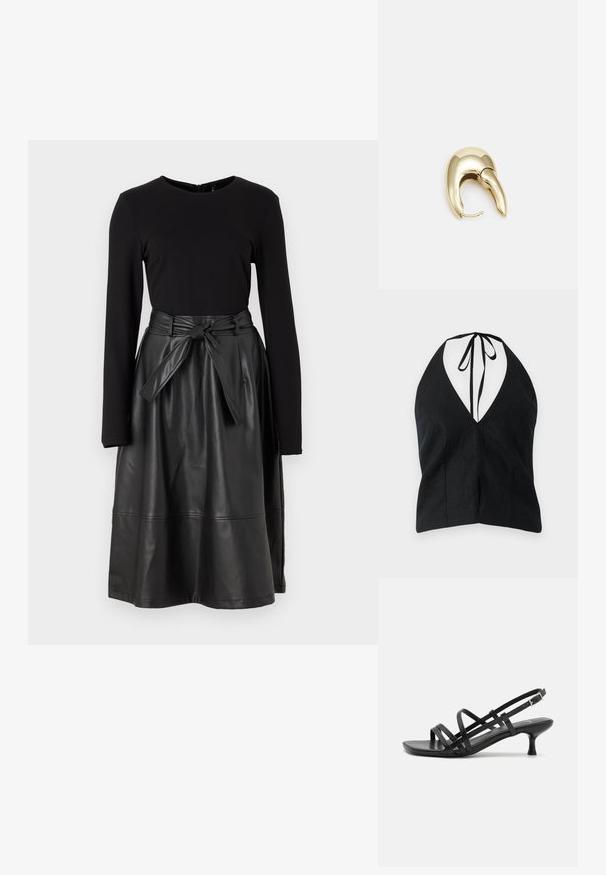 Fekete, pántos felső mély V-kivágással, texturált anyagból készült. Hátul megkötős záródása és oldalsó sliccei vannak.; Fekete, hosszú ujjú felső, amely fekete műbőr szoknyával van párosítva, megkötős derékkal és sima, fényes textúrával.; Fekete magassarkú szandálok több keresztben átkötött pánttal. Simább anyag, hegyes orr és keskeny sarok. Állítható bokapánt kapcsos rögzítéssel.; Aranyszínű fém fülbevaló, elegáns, ívelt formával. Különleges hegyes alak, fényes felszín és zsanéros záródás jellemzi.