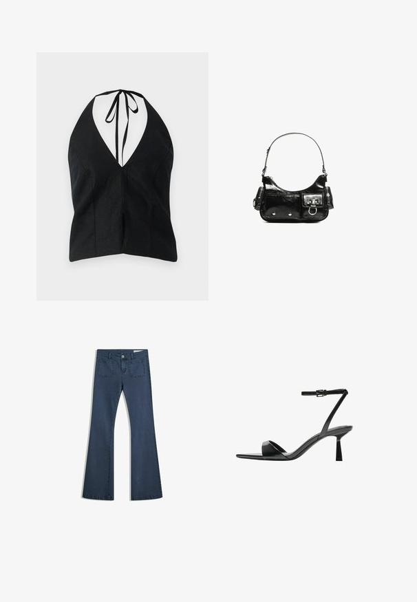 Crna halter neck majica s dubokim V-izrezom, izrađena od teksturirane tkanine. Ima vezanje na leđima i bočne proreze.; Tamno plavi traperice s izrezanim nogavicama, šivanim džepovima, kopčanjem na dugme i glatkom teksturom. Imaju klasičan dizajn s pet džepova.; Bershka Sandale s visokom petom - black; Crna patentna kožna torba s zakrivljenim oblikom, jednim remenom za rame, prednjim džepovima i akcentima od srebrnog tona.