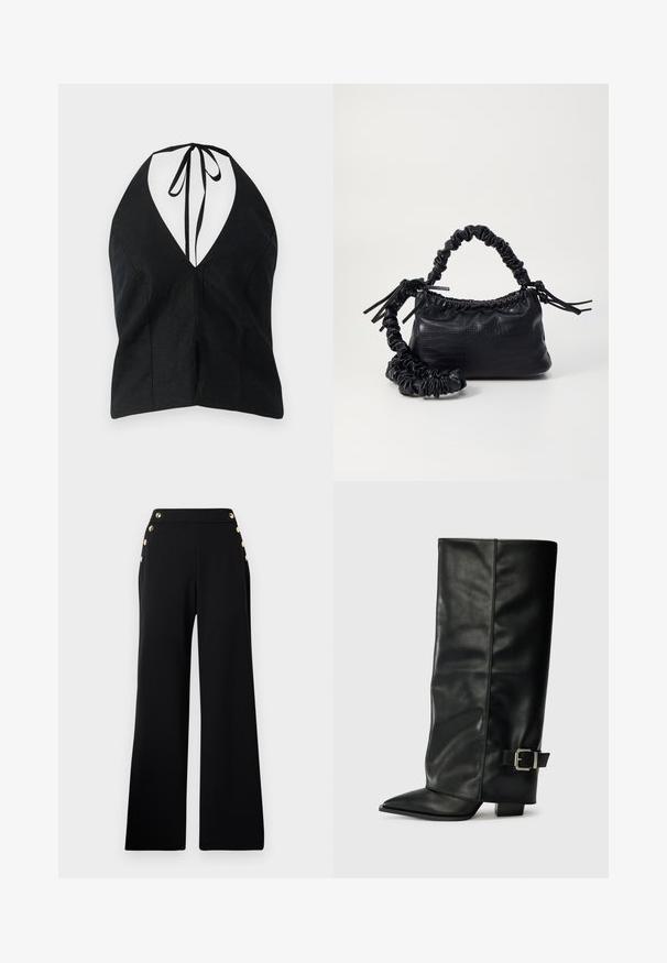 Top nero con scollo a V profondo, realizzato in tessuto testurizzato. Presenta una chiusura a lacci sul retro e spacchi laterali.; Pantaloni neri a vita alta a gamba larga con bottoni dorati lungo il davanti e tasche su entrambi i fianchi su uno sfondo bianco.; Stivali neri in pelle fino alla caviglia con punta affusolata, texture liscia e una fibbia argentata accento sul lato. Tacco quadrato spesso.; Borsa a tracolla in ecopelle nera con texture a coccodrillo, apertura cinchata e tracolla arricciata. Si presenta con un design morbido e compatto.