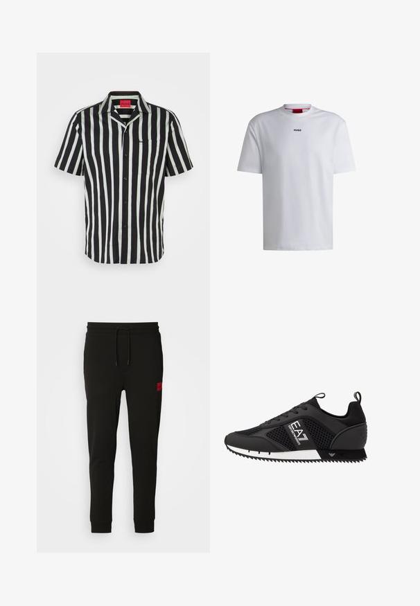 Fekete-fehér csíkos, rövid ujjú ing zöld részletekkel, gombos záródással, hegyes gallérral és bal oldali mellzsebbel. Márka logója a zseben.; Fehér, rövid ujjú, kerek nyakú pamut póló, fekete "HUGO" logóval a mellkason. Simára ölbe simuló anyag, laza fazon, minta nélkül.; Fekete melegítőnadrág puha anyagból, húzózsinóros derékkal, slim fit kialakítással, és egy piros logóval a bal combon.; EA7 Emporio Armani LACES UNISEX - Sportcipő - black/white