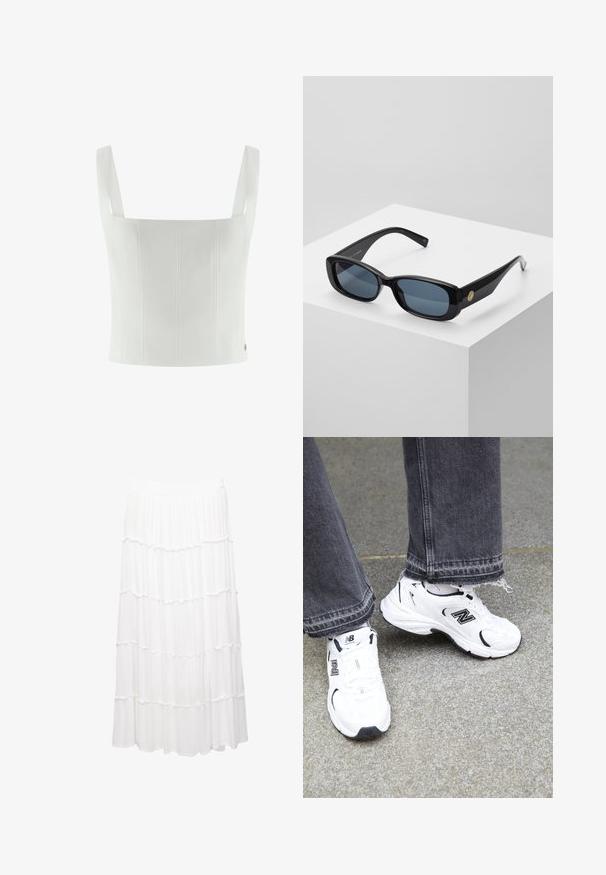 Vit croppad tanktopp med tjocka band, med vertikala sömmar och en slät yta. Ingen synlig hårdvara eller mönster.; Vit lagerkjol tillverkad av lättviktigt tyg, med ett elastiskt midjeband, volanglager och en flytande design som sträcker sig till mitten av vaden.; Vita New Balance-sneakers har en överdel i mesh och syntetmaterial med svarta detaljer. Bärs med grå jeans med fransad fåll på en texturerad yta.; Svarta rektangulära solglasögon med tonade blå linser, tjocka bågar och en gyllene cirkulär detalj på sidan. Slät, glänsande yta.; Vävd halm tote väska med en bred, avsmalnande form, utrustad med två svarta läderhandtag. Naturlig beige färg med en texturerad yta.