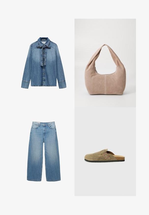 Svetlomodrá denimová košeľa s dlhými rukávmi, so zapínaním na gombíky a s viazanou mašľou na golieri. Obsahuje klasickú denimovú textúru a šitie.; Svetlomodré široké džíny vyrobené z denimu, s klasickým dizajnom piatich vreciek a zapínaním na gombík. Vyblednutá textúra po celom povrchu.; Papučka v štýle dreváka zo semišu v olivovo zelenej farbe s úzkym remienkom a detailom kovovej pracky. Má korkovú stielku a čiernu gumovú podrážku.; Hobo taška z mäkkej semišovej látky v svetlej béžovej farbe. Má zaoblený tvar s širokým popruhom a zipsovým uzáverom.