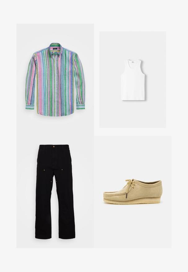 Viacfarebná pruhovaná košela vyrobená z ľahkej tkaniny. Má vertikálne pruhy v zelených, ružových, fialových, modrých a žltých farbách, s golierom na zapínanie na gombíky.; Biely bavlnený tielko s okrúhlym výstrihom, širokými ramennými popruhmi a rovnom spodným lemom, ktoré má hladkú textúru a žiadne viditeľné vzory.; Čierne džínsy s rovnými nohavicami, s prvkami zlatého kovania a viditeľným prešívaním na predných a zadných vreckách.; Bežové semišové topánky s dizajnom na šnurovanie, prešívaním a gumovou podrážkou. Tvar je neformálny s mierne vyvýšeným opätkom.