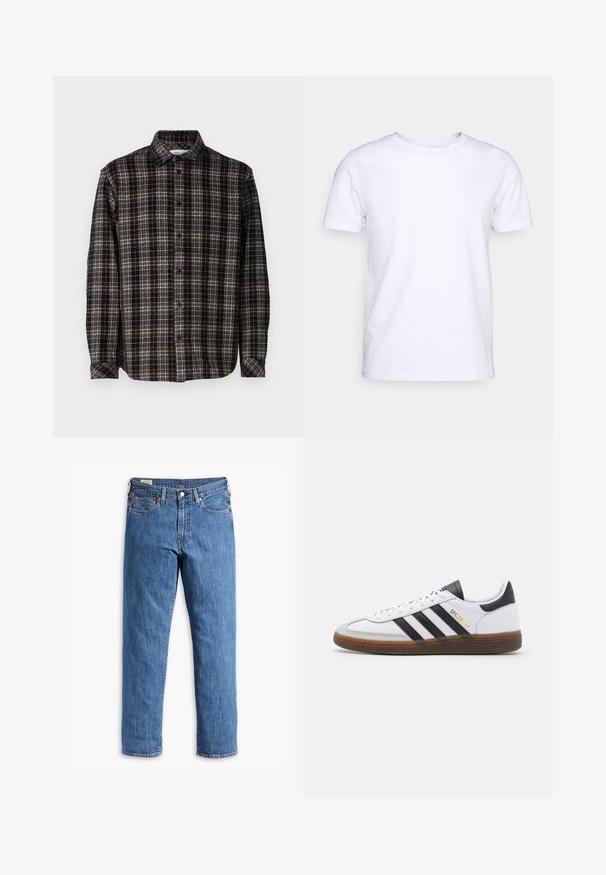 Camicia a quadri nera e beige, maniche lunghe, chiusura frontale con bottoni, colletto classico e texture morbida con vestibilità strutturata.; T-shirt bianca a maniche corte in cotone con scollatura rotonda. Design semplice senza fantasie o accenti. Texture liscia.; Jeans in denim blu con taglio dritto, rivetti in rame e design a cinque tasche. Presentano un orlo cucito e una vita classica con passanti per cintura.; Sneaker in pelle bianca con dettagli in suede neri, tre strisce nere, suola in gomma beige e branding dorato "SPEZIAL" di lato.