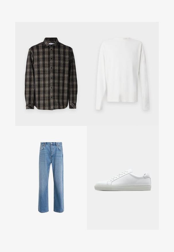 Svart og beige rutete skjorte, lange ermer, knappestolpe foran, klassisk krage og myk tekstur med en strukturert passform.; Langermet hvit bomullsskjorte med rund hals, sidespalter nederst og en jevn tekstur, vist fra baksiden.; Lys blå denimjeans med rett ben-design, fem lommer, knappeåpning, minimal falming og kontrasterende sømdetaljer.; Hvit sneakers med en glatt skinnoverdel og lav profil. Har en rund tå, seks snøring hull, og en teksturert gummisåle.