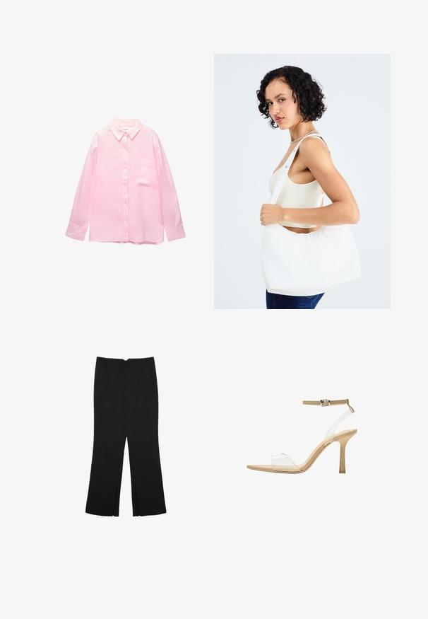Helles rosa Hemd mit Knopfleiste, kragenloser Halslinie, langen Ärmeln und einer Brusttasche; aus glattem Stoff mit einer subtilen Textur gefertigt.; Schwarze Hose mit geradem Schnitt, ausgestattet mit Fronttaschen und Seitenschlitzen am Saum. Hergestellt aus weichem, glattem Stoff. Geeignet für verschiedene Anlässe.; Durchsichtige Sandale mit transparentem Obermaterial, beigem Fußbett und einem schlanken Knöchelriemen. Sie hat eine spitz zulaufende Zehenpartie und einen dünnen, hohen Absatz.; Weißer Schultertasche aus glattem Material mit ovalem Ausschnitt und breitem Tragegurt. Einfach und modern, ohne sichtbare Hardware.