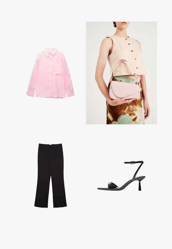 Camicia button-up rosa chiaro con colletto, maniche lunghe e taschino sul petto; realizzata in un tessuto liscio con una sottile trama.; Pantaloni neri a gamba dritta, con tasche frontali e spacchi laterali all'orlo. Realizzati in tessuto morbido e liscio. Adatti a diverse occasioni.; Bershka Sandali con tacco - black; Borsa in pelle rosa con pattina curva, tracolla singola e linee pulite. La borsa presenta una texture liscia e un design minimalista.