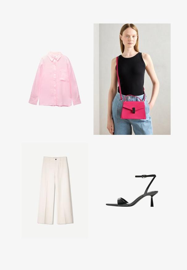 Lichtroze knopenoverhemd met een kraag, lange mouwen en een borstzak; gemaakt van gladde stof met een subtiele textuur.; Crème brede broek met een tailored ontwerp, voorzien van twee voorzakken en een enkele sluiting met een knop aan de voorkant, gemaakt van een gladde stof.; Bershka Sandalen met hoge hak - black; Roze gestructureerde handtas met een klepluiting en zwarte accenten. Gedragen als crossbody met een lange schouderband. Gladde textuur.