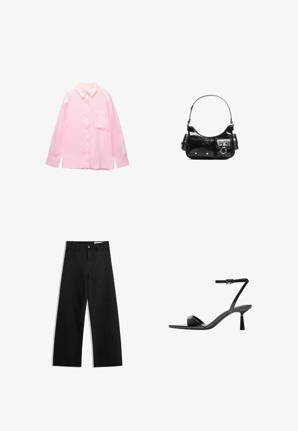 Világos rózsaszín gombos ing, galléros nyakkivágással, hosszú ujjal és mellzsebbel; sima anyagból készült, finom textúrával.; Fekete, bő szabású farmernadrág magas derékkal, elülső és hátsó zsebekkel, varrott felületekkel és gombos záródással. Sima textúra.; Bershka Magas sarkú szandálok - black; Fekete lakkbőr kézitáska ívelt formával, egy vállpánttal, elülső zsebekkel és ezüstszínű fémrészletekkel.