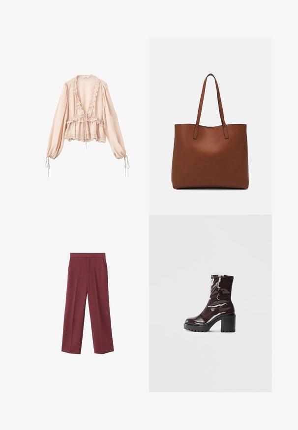 Blusa rosa pallido con maniche lunghe, scollatura arricciata, vita con cordoncino e bordo in pizzo ai polsini e all'orlo. Tessuto leggero e con trama.; Pantaloni larghi bordeaux con una texture liscia, caratterizzati da tasche laterali e una vita alta. Rifiniti con una piega frontale pulita.; Stivale alla caviglia bordeaux lucido con un tacco spesso nero, caratterizzato da una superficie liscia e un design semplice. Nessuna chiusura visibile o motivo.; Borsa tote in pelle marrone con texture liscia, design con apertura superiore e due spallacci. Presenta cuciture minime e nessun hardware visibile.