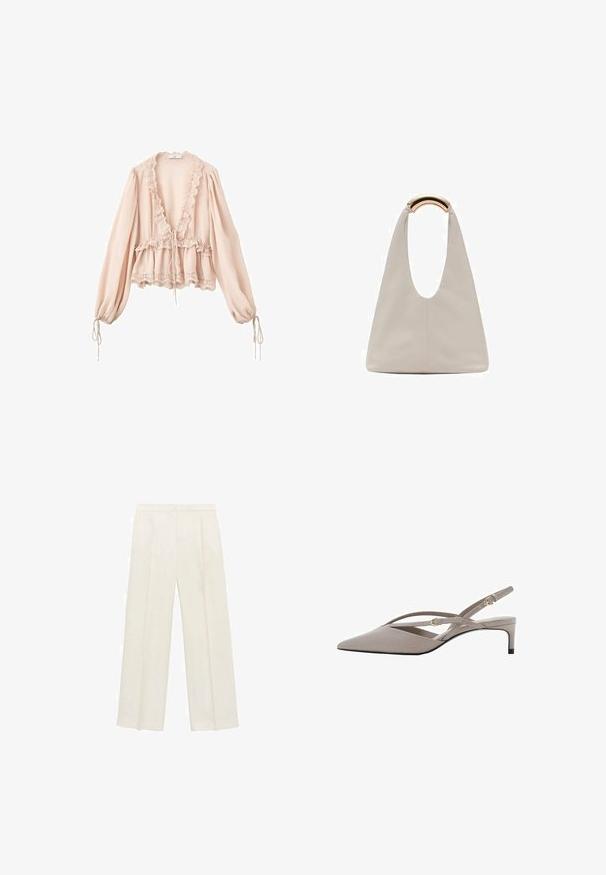 Blushfarbene Bluse mit langen Ärmeln, gerafftem Ausschnitt, Kordelzug in der Taille und Spitzenbesatz an den Manschetten und dem Saum. Leichter, strukturierter Stoff.; Weit geschnittene Hosen in einem hellen cremefarbenen Farbton. Hergestellt aus einem glatten Stoff mit Falten an der Vorderseite und seitlichen Taschen.; Beige Slingback-High Heels mit spitzem Zehenbereich, dünnen, gekreuzten Riemen und einem kurzen Stiletto-Absatz. Glattes Material mit goldfarbenen Hardware-Akzenten.; Hellgraue Lederhandtasche mit einem U-förmigen Design und einem geschwungenen, metallischen Griff. Glatte Textur mit minimalen Nähten und ohne sichtbare Muster.