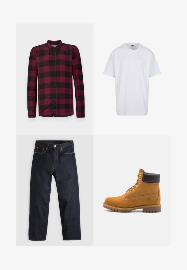 Košile s dlouhým rukávem na knoflíky s červeným a černým kostkovaným vzorem, klasickým límcem a přiléhavými manžetami.; Bílé triko z bavlny s krátkým rukávem, kulatým výstřihem, volným střihem a bez viditelných log či vzorů. Hladká textura a minimalistický design.; Tmavomodré džíny z denimu se straight střihem, pěti kapsami, kontrastním oranžovým šitím a knoflíkovým zapínáním. Žádné viditelné vzory ani ozdoby.; Hnědé semišové kotníkové boty s černým polstrovaným límcem, zlatými kovovými očky, bílým prošíváním a odolnou gumovou podrážkou s výraznými drážkami.