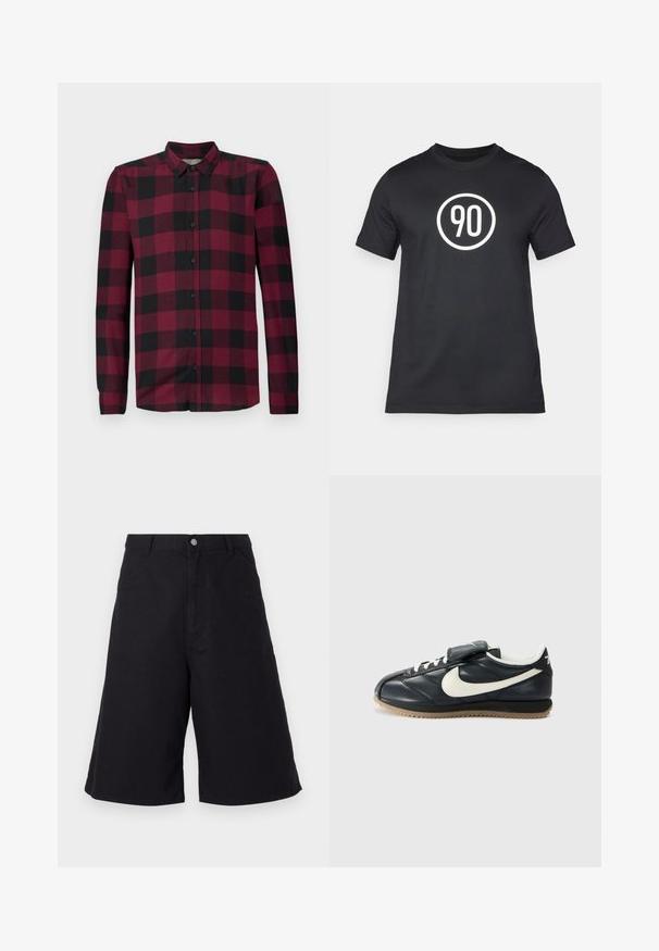 Langsleeve blouse met een rood en zwart geblokt patroon, klassieke kraag en fitted manchetten.; Zwarte katoenen T-shirt met een witte ronde afbeelding met het nummer "90" in het midden. Klassiek ontwerp met ronde hals en korte mouwen.; Zwarte katoenen shorts met een rechte snit, voorzien van zijzakken, een knoopsluiting en een textuur die geschikt is voor casual dragen.; Zwarte leren sneaker met wit swoosh-logo, vetersluiting, klittenbandsluiting en rubberen zool met een gestructureerd patroon. Zijaanzicht weergegeven.
