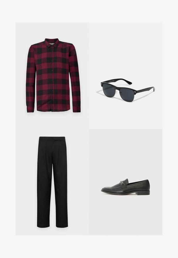 Langermet skjorte med rød og svart rutete mønster, klassisk krage og tettsittende ermer.; Sorte bukser laget av glatt stoff, med rette ben, to frontfoldninger og standard liv med beltehemper.; Sorte skinnloafers med en glatt finish, og med en sydd design og en dekorativ metallkjedeakcent over foten. Flat hæl.; Sorte solbriller med rektangulær form, mørke linser, sølvfargede detaljer ved templene, og en matt finish på rammen.