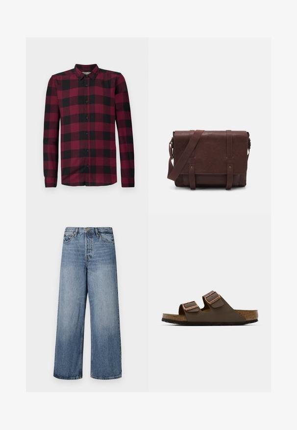 Camicia a maniche lunghe con motivo a quadri rosso e nero, colletto classico e polsi aderenti.; Jeans in denim blu a gamba larga con lavaggio sbiadito, design a cinque tasche e chiusura con bottone. Dotati di passanti per cintura e dettagli cuciti.; Sandalo marrone a due cinturini con fibbie in tono rame, plantare in sughero e suola in gomma. Design elegante con cinturini regolabili per una vestibilità ottimale.; Borsa a tracolla in pelle marrone con un davanti piatto, due cinghie, dettagli in metallo dorato e una tracolla regolabile.