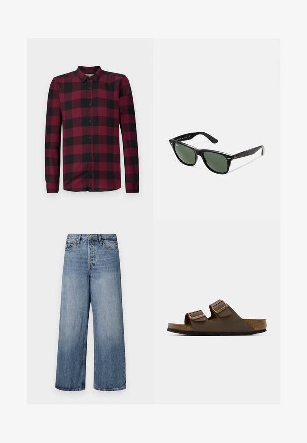 Långärmad skjorta med knappar i röd och svart rutigt mönster, klassisk krage och åtsittande manschetter.; Breda blå denimjeans med en urtvättad look, femficksdesign och knäppning med knapp. Utrustade med bälteshällor och sydda detaljer.; Brun tvåremmad sandal med kopparfärgade spännen, korkfotbädd och gummisula. Elegant design med justerbara remmar för passform.; Svarta plastsolglasögon med gröna linser, fyrkantiga bågar, silverdetalj på ögonbrynet och texturerade skalmar. Angiven märkning på den inre skalmen.