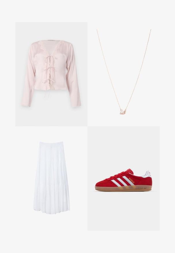 Blusa di raso rosa chiaro con maniche lunghe, bordo in pizzo decorativo lungo il collo a V e tre chiusure a nastro nella parte anteriore.; Gonna maxi bianca a più strati realizzata in tessuto leggero. Presenta una vita elastica e un design fluido con una morbida e sottile texture.; Sneaker in suede rosso con design a tre strisce bianche e testo "Gazelle" in oro. Presenta una suola in gomma color cuoio e un tallone testurizzato.; Collana in oro rosa con pendente a forma di cigno, ornato con cristalli chiari. La catena presenta un delicato design a maglia.