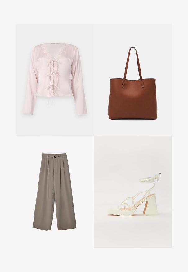 Svetlo roza satenska bluzica z dolgimi rokavi, okrašena z čipkastim robom ob V-izrezu, ter tremi zavezavami z vrvicami spredaj.; Široke hlače iz mehke, umirjene sive tkanine, z pasom, ki ga je mogoče zavezati, in z gubami za dodatne oblikovne podrobnosti. Gladka tekstura, brez vzorcev.; Bela sandala na visokih petah s debelim petam, ki ima obliko trakcev in vezanje okoli gležnja. Gladka tekstura z platformo spredaj za dodatno višino.; Rjava usnjena torba z gladko teksturo, odprto zasnovo zgoraj in dvema naramnima trakovoma. Opremljena je z minimalnim šivanjem in brez vidnih kovinskih delov.