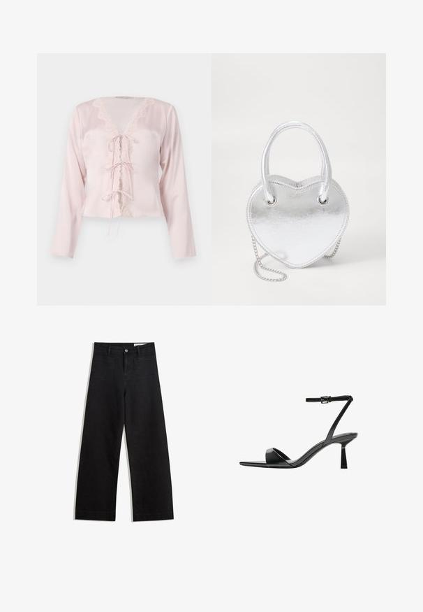 Helle rosa Satinbluse mit langen Ärmeln, dekorativem Spitzenbesatz entlang des V-Ausschnitts und drei Ripsband-Bindungen an der Vorderseite.; Schwarze weit geschnittene Jeans mit hoher Taille, ausgestattet mit Vorder- und Hintertaschen, gesteppten Nähten und einem Knopfverschluss. Glatte Textur.; Bershka High Heel Sandalette - black; Silberne metallische herzförmige Handtasche mit zwei Griffen, Kettenriemen und glatter Textur. Verfügt über Metallbeschläge und gestickte Kanten.