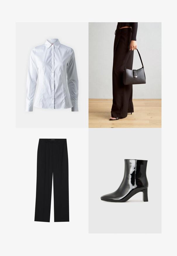 White button-up shirt with long sleeves, point collar, fitted design, smooth cotton fabric, and front button closure.; Black trousers with a straight-leg design, featuring two front pockets and a waistband. Made from a smooth, lightweight fabric.; Black patent leather ankle boot with a pointed toe and a mid-height block heel. Smooth texture and minimalist design.; Black handbag with structured shape, smooth texture, and a metallic clasp. Paired with wide black pants and open-toe sandals on wooden floor.
