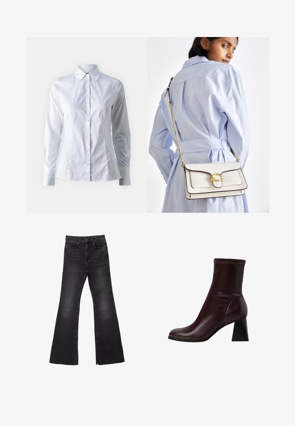 Bela srajca z dolgimi rokavi, z izrazitim ovratnikom, prilegajoča se zasnova, gladko bombažno blago in sprednje gumbno zapiranje.; Črne flare jeans iz denima s surovim robom, z zasnovo petih žepov in gumbom za zapiranje. Narejeni iz trdnega, teksturiranega blaga.; Stradivarius BLOCK - Klasični gležnjarji - dark red; Bela usnjena torbica z zlatim dodatki, sprednjim poklopcem in črnimi robovi, ki ima verižni trak nošen čez telo proti svetlo modri srajci.